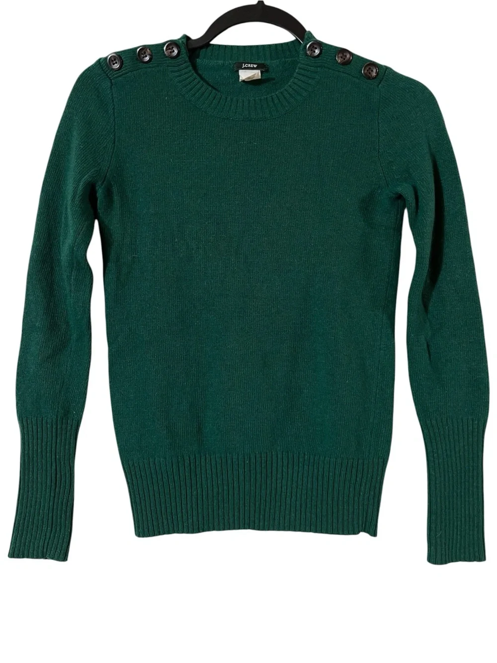 J.Crew XS Cashmere Blend Wool Sweater Green Button Shoulder Preppy